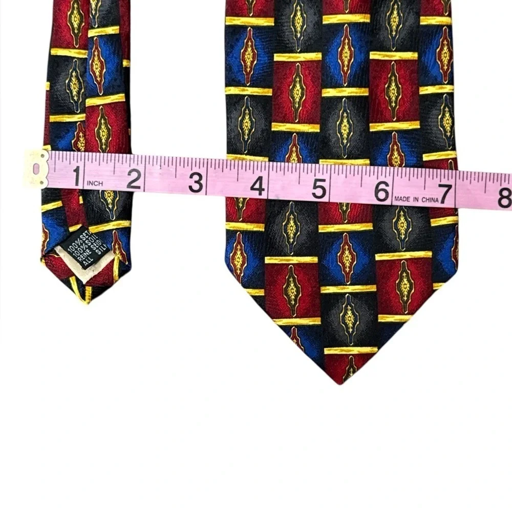 Vintage FROG Silk Tie Made in Italy | Geometric Print Red Blue Gold | 100% Silk